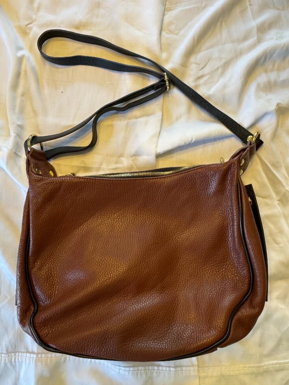 Valentina Brown Leather Made in Italy Handbag, Gold Tone Hardware, Brown Piping